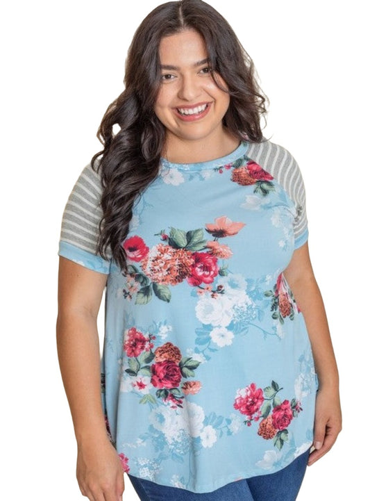 Floral Stripe Delight Top with bold floral and striped design.