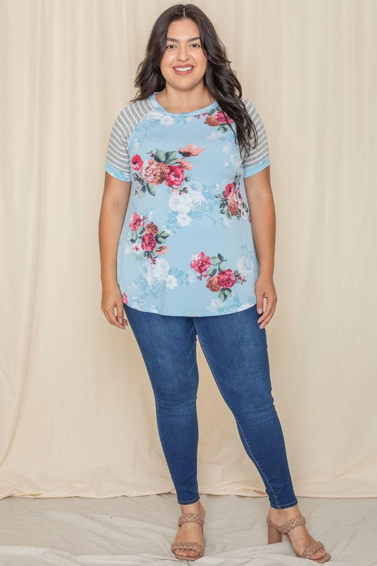 Plus-size Floral Stripe Delight Top with a relaxed fit.