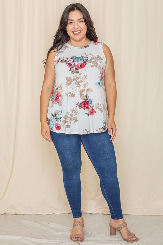 Versatile plus size tank top with vibrant floral design