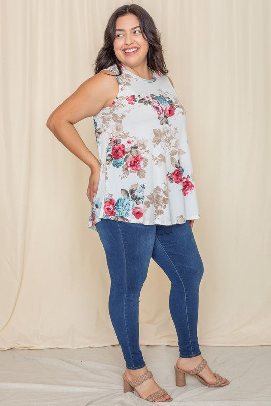 Plus size sleeveless top with elegant floral pattern