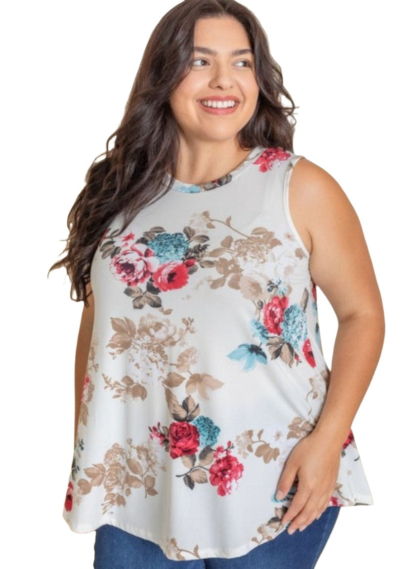 Plus size floral tank top with a flowy fit and sleeveless design