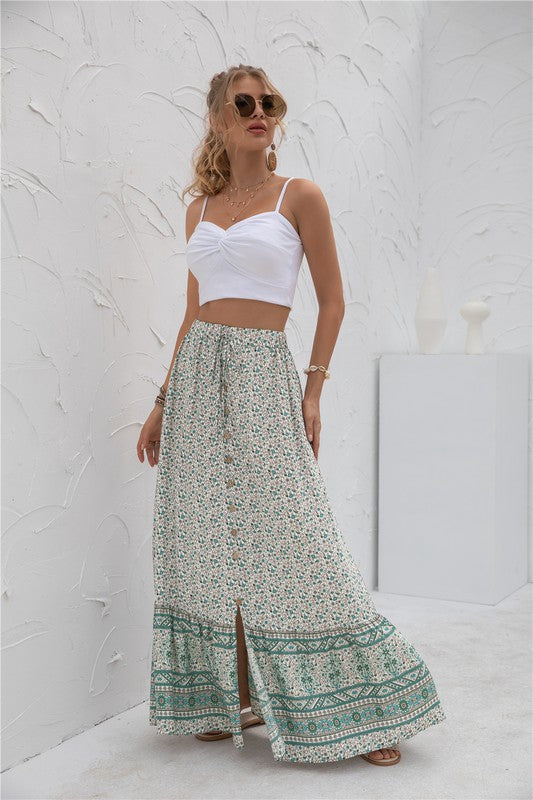 Green floral print maxi skirt with drawstring waistband