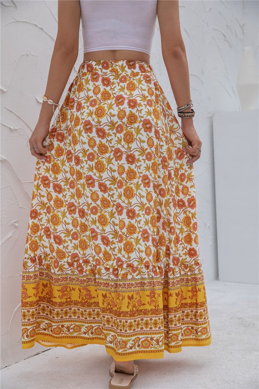 Orange floral print maxi skirt with drawstring waistband