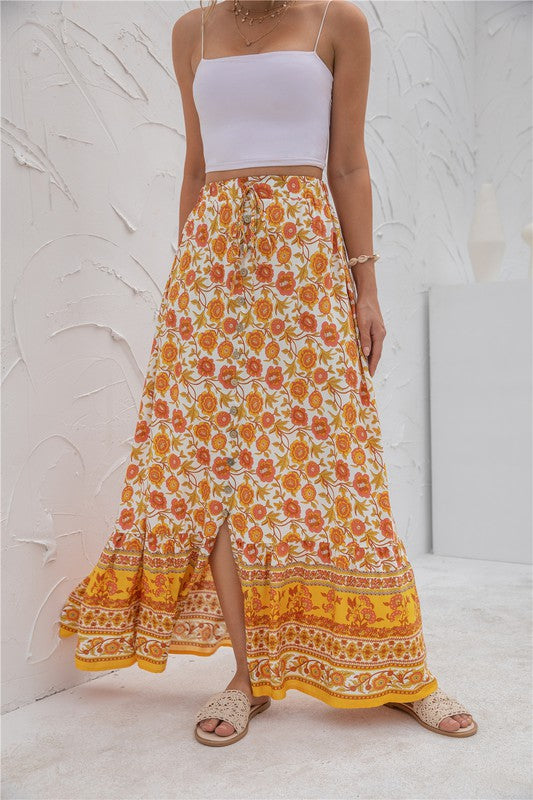 Lightweight orange floral maxi skirt with drawstring fit