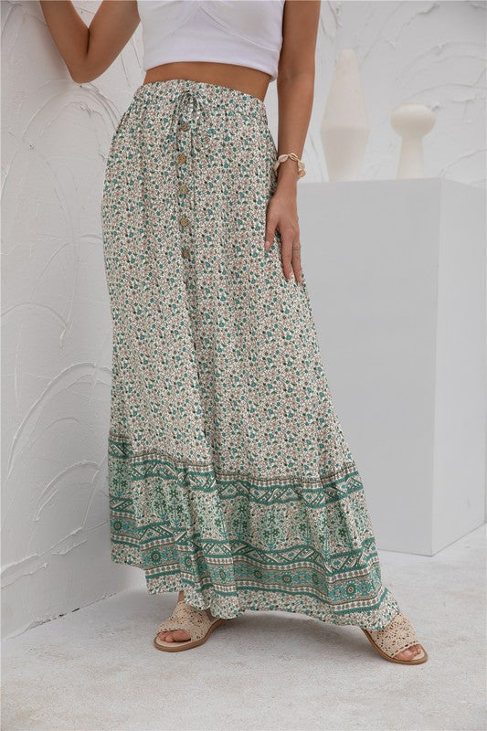 Comfortable green maxi skirt with floral print and drawstring fit