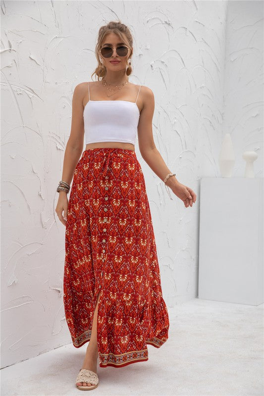 Comfortable red maxi skirt with floral print and drawstring fit