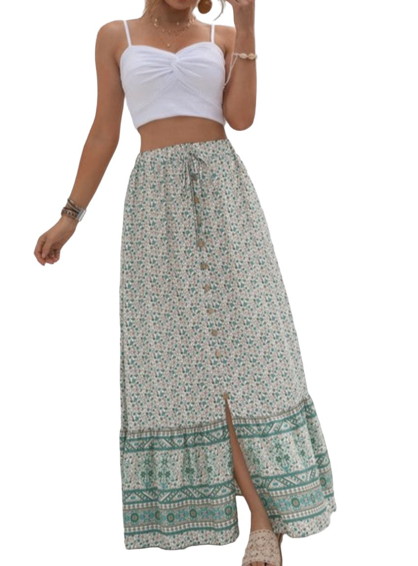 Flowy green floral print maxi skirt with drawstring detail