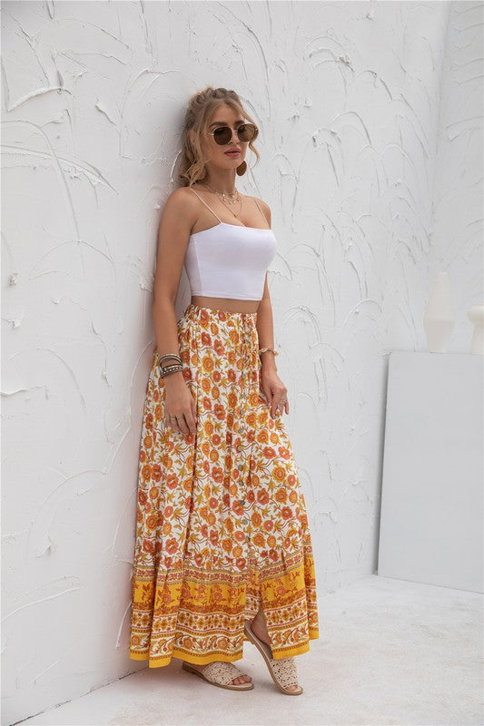 Vibrant orange floral maxi skirt with adjustable waistband