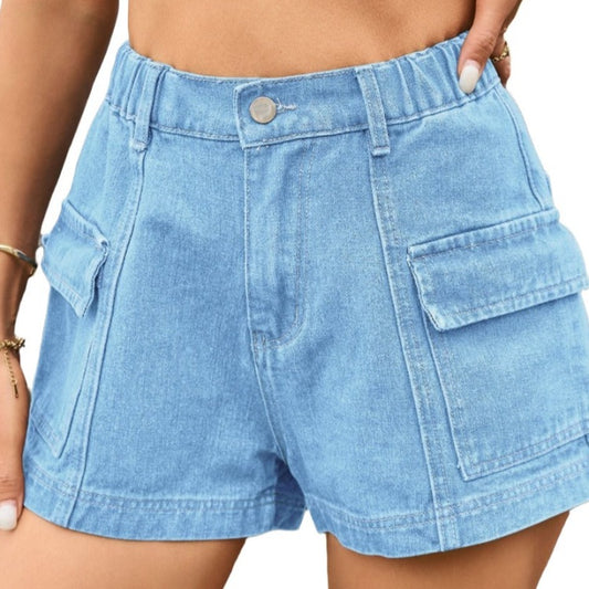 Shop chic High-Waist Denim Shorts with versatile pockets for a stylish, comfortable summer look. Elevate your wardrobe with timeless ease