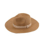 Wide-brimmed woven straw hat with a decorative white and beige patterned band.