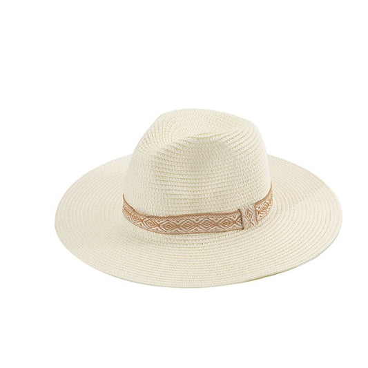 Wide-brimmed woven straw hat with a decorative white and beige patterned band.