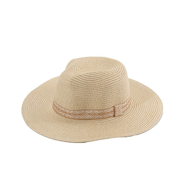 Wide-brimmed woven straw hat with a decorative white and beige patterned band.