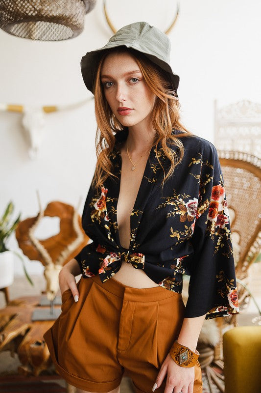 Lightweight navy kimono with colorful floral motifs