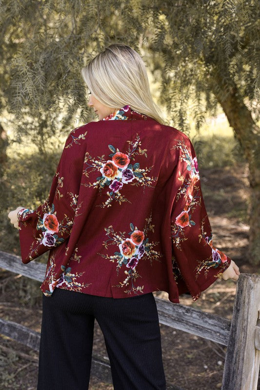 Lightweight red floral kimono with flowy fit