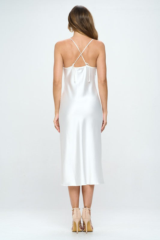 White satin midi dress with crisscross straps and back detail