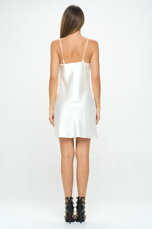 White satin mini dress perfect for formal occasions