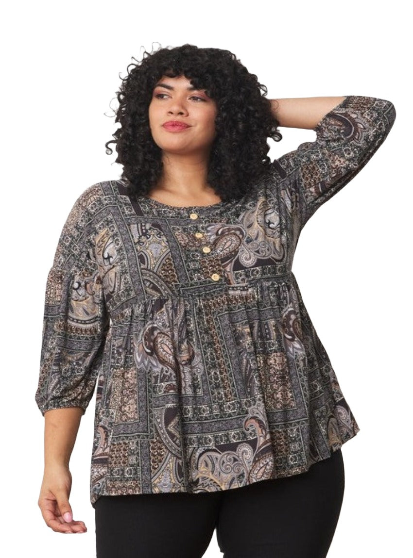 Paisley patchwork peasant blouse with 3/4 sleeves