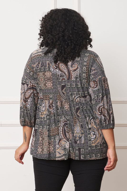 Flowy peasant blouse featuring paisley patchwork design