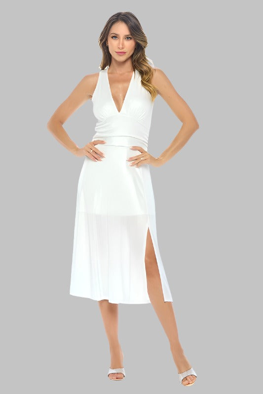 White dress with sleeveless design, V-neck, and side slit