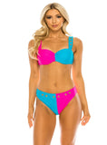 Fashionable color block bikini with a supportive top and retro-inspired high-waisted bottoms, perfect for beach vacations.