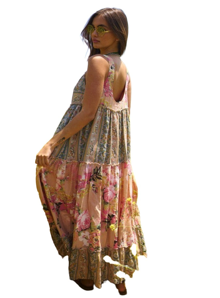 Lightweight boho chic dress with floral and geometric prints