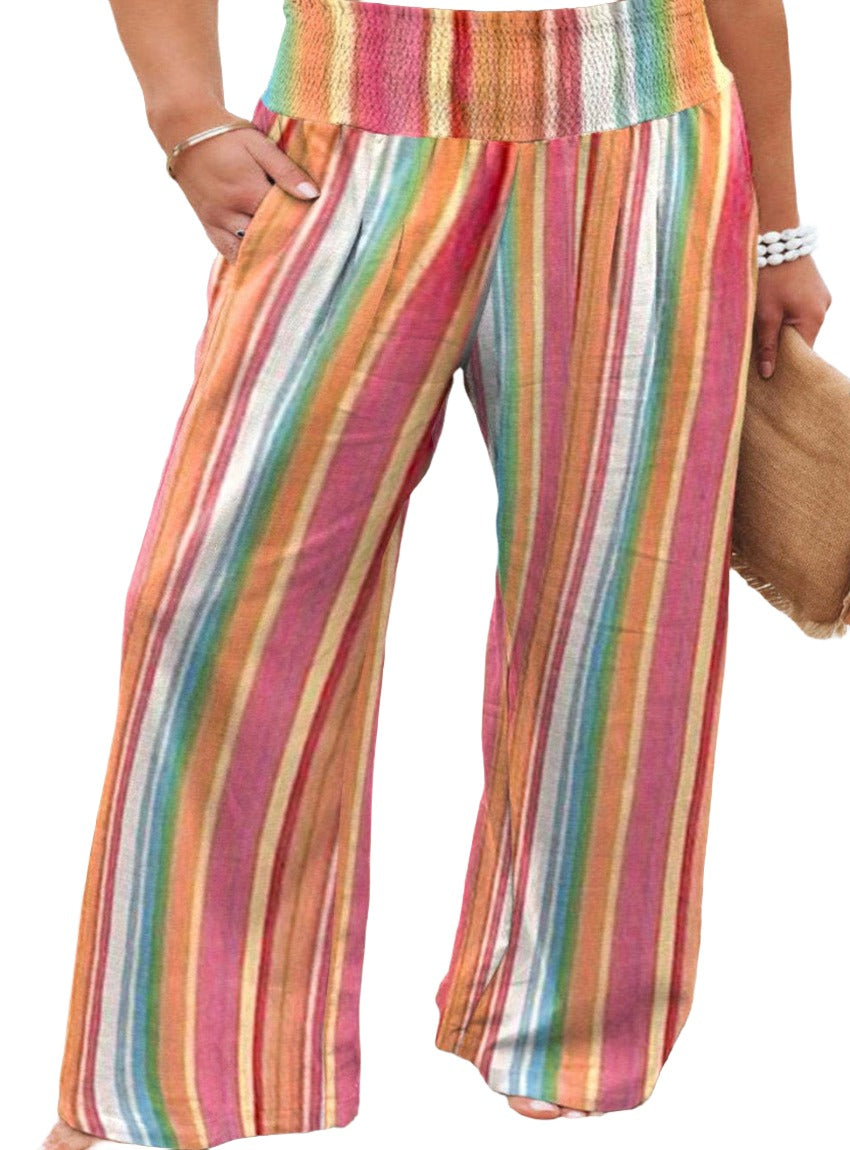 Plus Size Rainbow Stripe Pants with elastic waistband and wide-leg design.