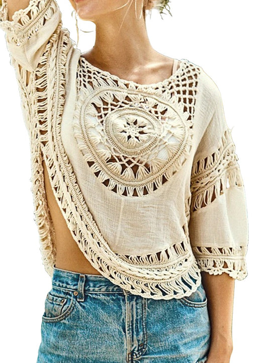 Beige bohemian crochet top, perfect for summer.