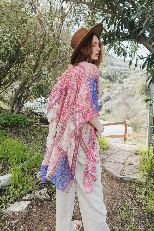 Bohemian style kimono cardigan in a flowy, relaxed fit.