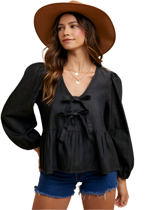 Tie Front Peplum Long Sleeve Denim Top