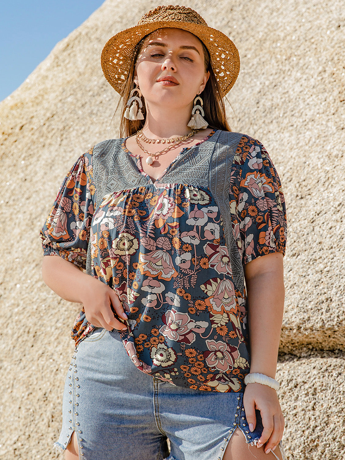 Boho-style plus size blouse with colorful floral design