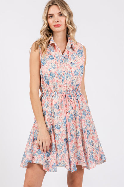 Floral Eyelet Sleeveless Mini Dress with Collar & Tie Waist