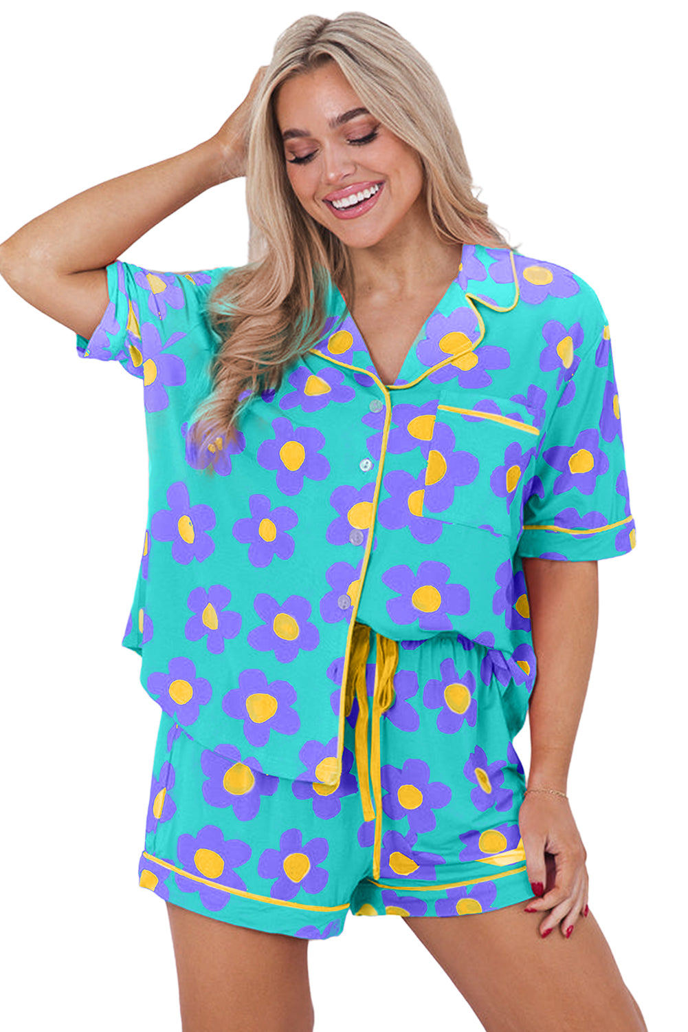 Snuggle up in our cozy Flower Print Pajama Set with adjustable drawstring for the perfect fit. Available in vibrant colors to brighten your nights.