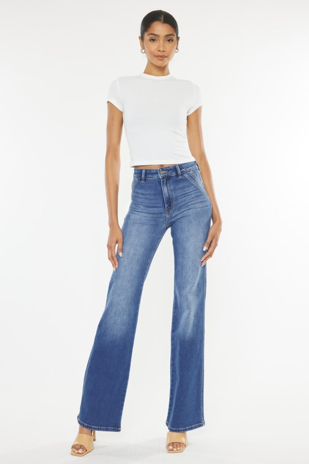 High-waisted blue jeans with a flared leg