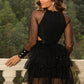 Chic Cutout Round Neck Mini Dress with sheer sleeves and jewel waist for an elegant look. Perfect for any stylish occasion