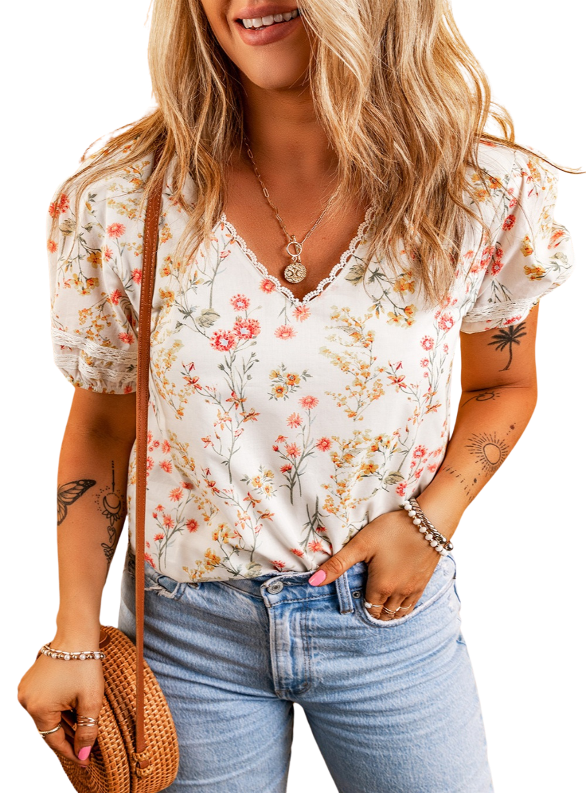 Chic V-Neck Puff Sleeve Blouse with an elegant floral print, perfect for any occasion. Versatile, breathable, and effortlessly stylish