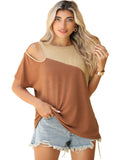 Chic brown colorblock T-shirt with stylish cold shoulder detail, perfect for casual or upscale looks. Comfort meets elegance