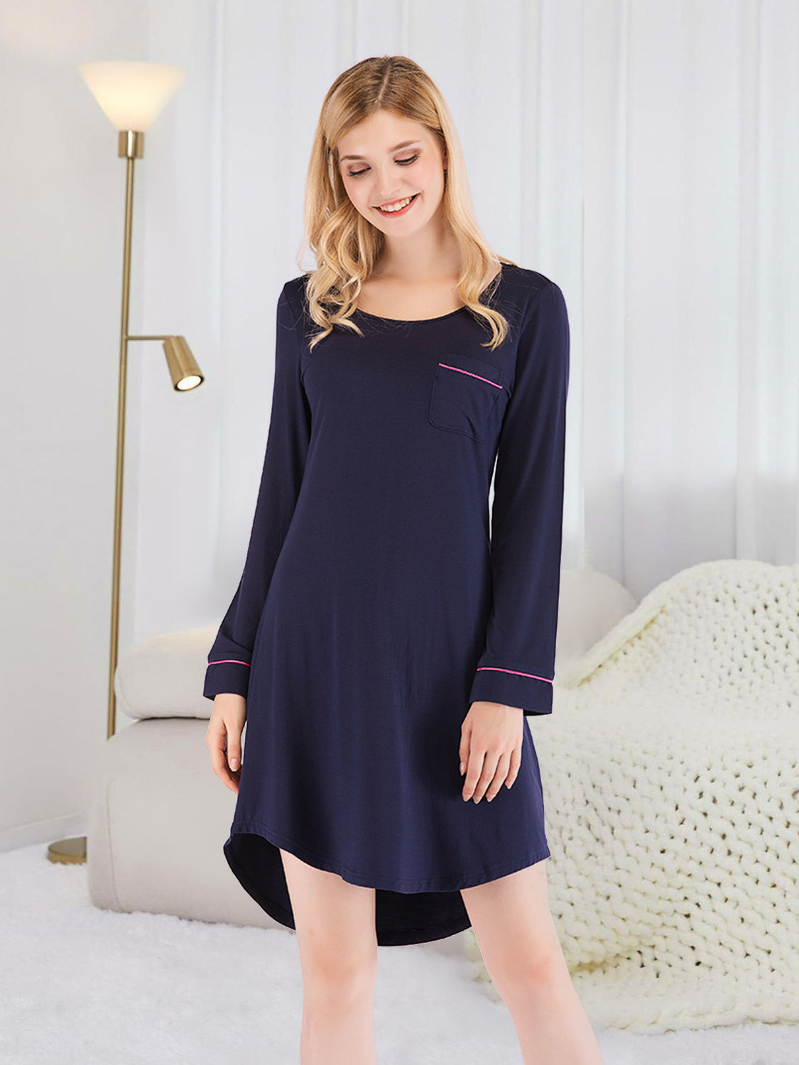 Navy nightgown designed with elegant piping details.