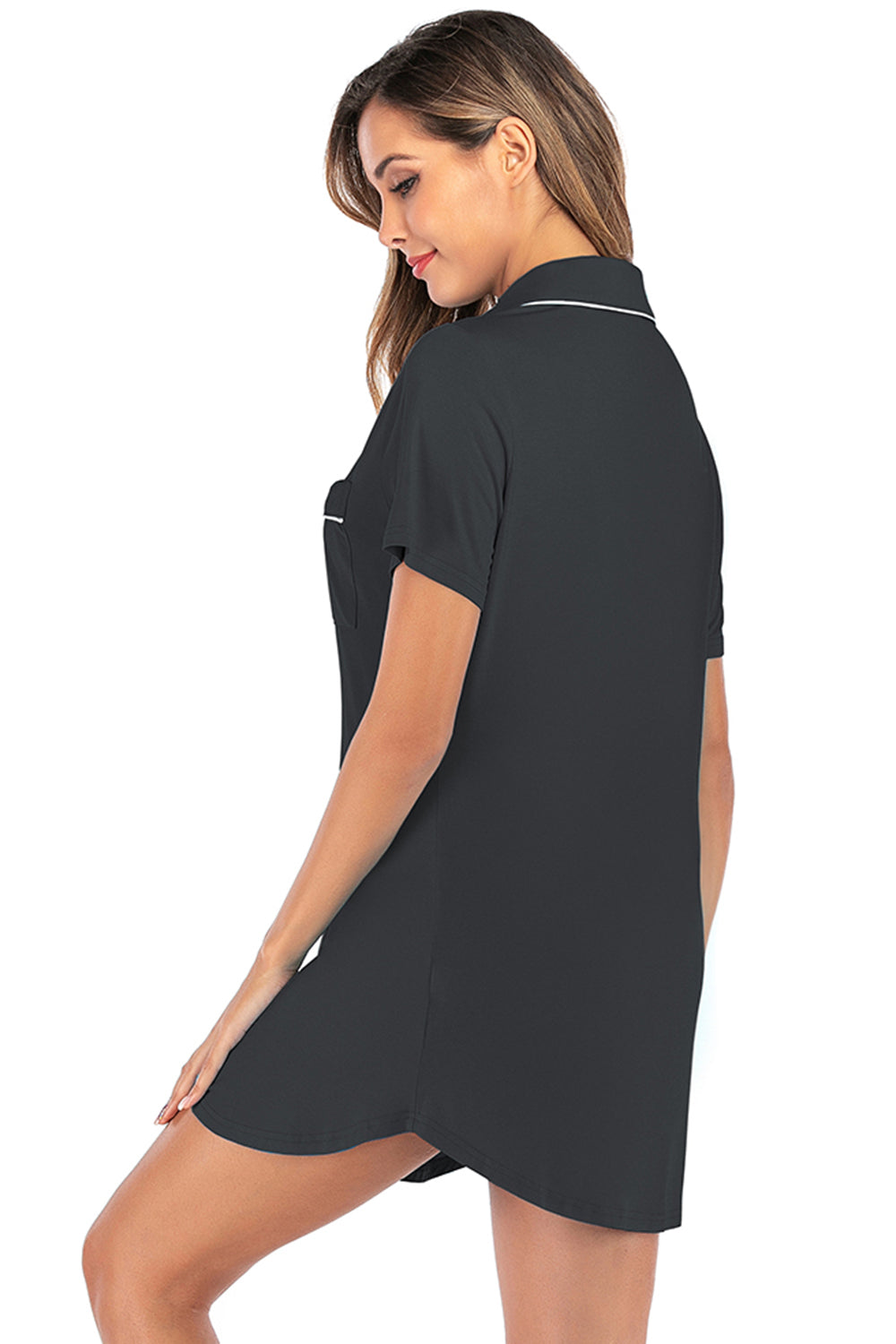 Chic short sleeve lounge dress with contrast piping and pockets, in sky blue, black, and navy. Perfect blend of comfort and style for any occasion