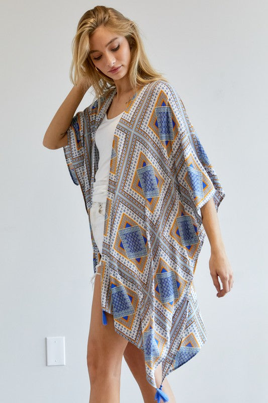 Lightweight kimono with vibrant geometric prints in blue and yellow