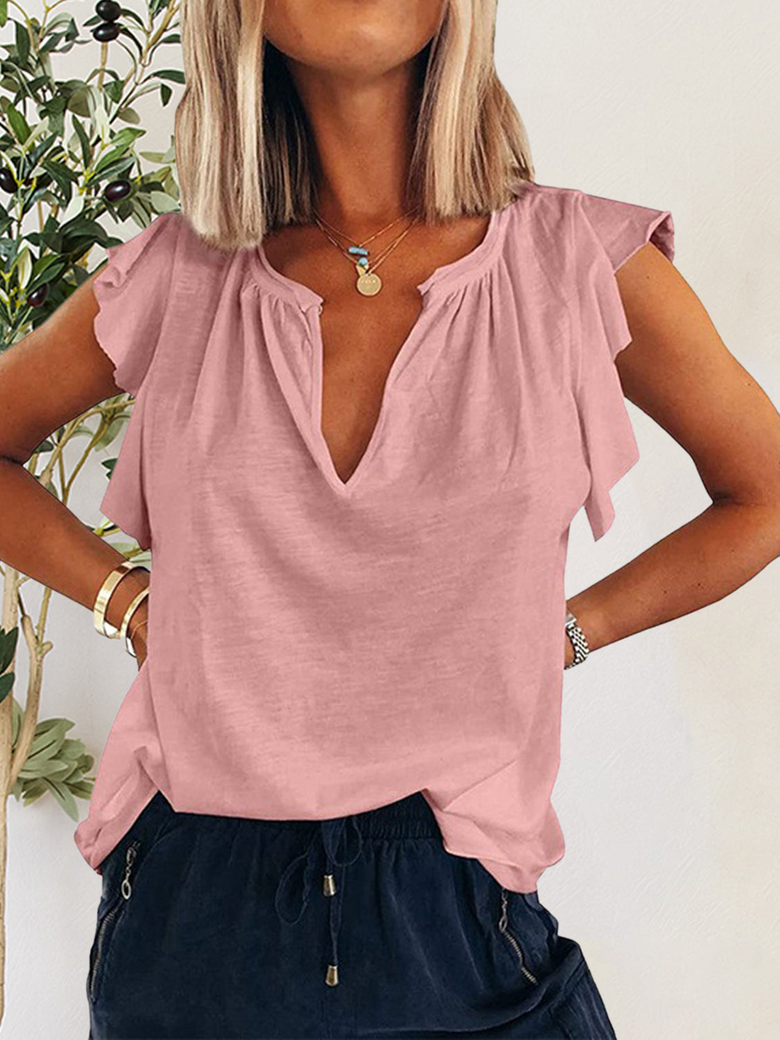 Chic Ruffled Notched Cap Sleeve T-Shirt in white, pink, sage & blue. Perfect blend of comfort & style for every occasion. Shop now!