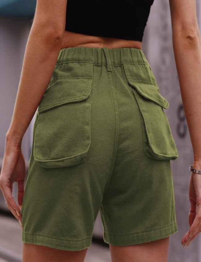 Shop Buttoned Cargo Denim Shorts in earthy umber, chic green, or neutral sand. Perfect blend of style, comfort, and practicality for every day.