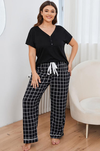 Plus Size V-Neck Top & Plaid Pants Lounge Set - Whimsical Appalachian Boutique