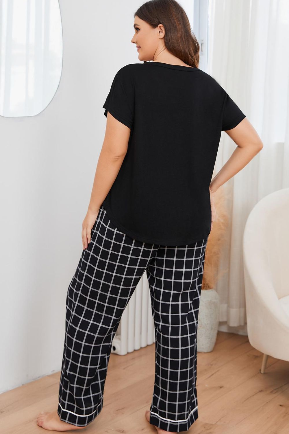 Plus Size V-Neck Top & Plaid Pants Lounge Set - Whimsical Appalachian Boutique