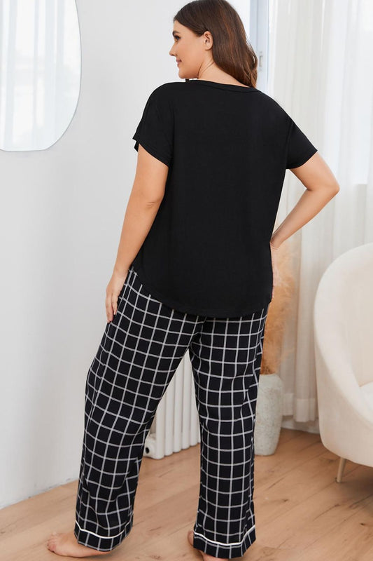 Plus Size V-Neck Top & Plaid Pants Lounge Set - Whimsical Appalachian Boutique