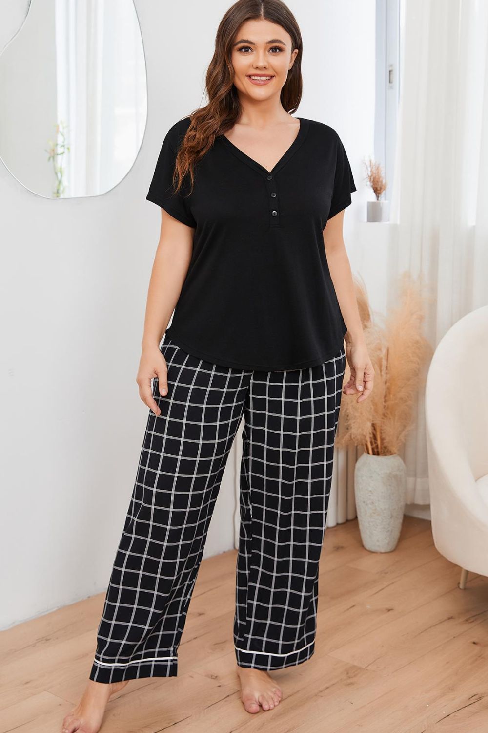 Plus Size V-Neck Top & Plaid Pants Lounge Set - Whimsical Appalachian Boutique