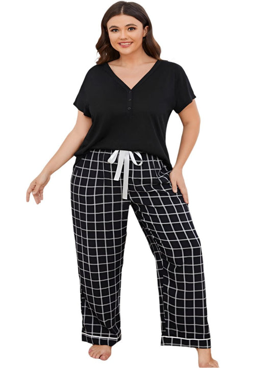 Plus Size V-Neck Top & Plaid Pants Lounge Set - Whimsical Appalachian Boutique