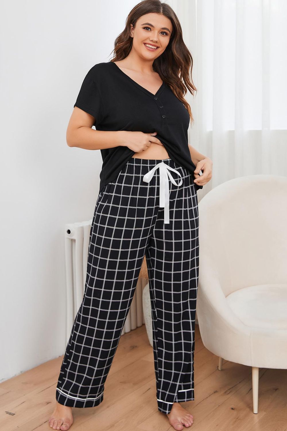 Plus Size V-Neck Top & Plaid Pants Lounge Set - Whimsical Appalachian Boutique