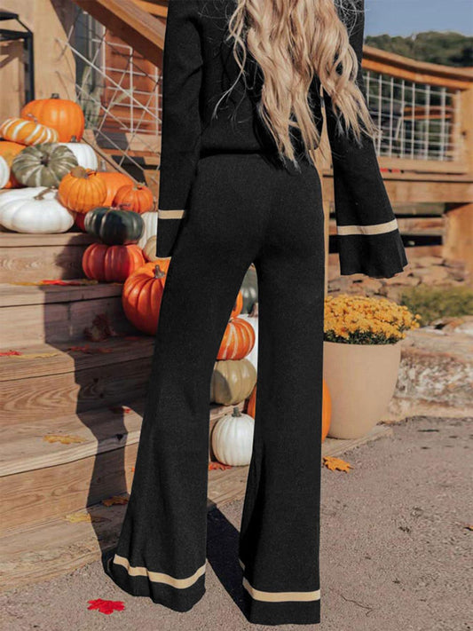 Black V-Neck Two-Piece Long Sleeve Pant Set