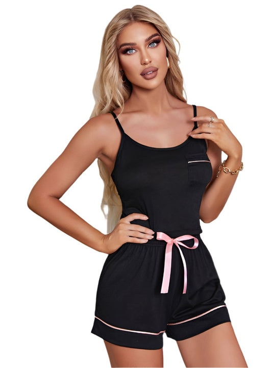 Chic Black Pajama Set with Pink Accents