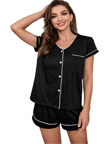 Contrast Piping Button-Up Pajama Set